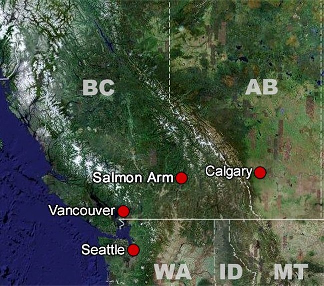 Regional map showing Vancouver, Salmon Arm, and Calgary